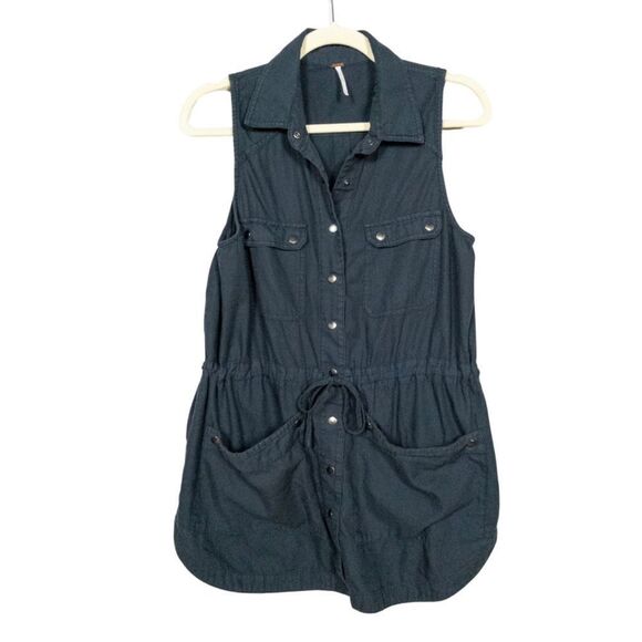 Free People Black Too Far Sleeveless Tunic Snap Front Cinched Waist Top Shirt XS - Picture 2 of 9